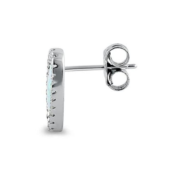 Sterling Silver White Lab Opal & Clear CZ Offset Stud Earrings