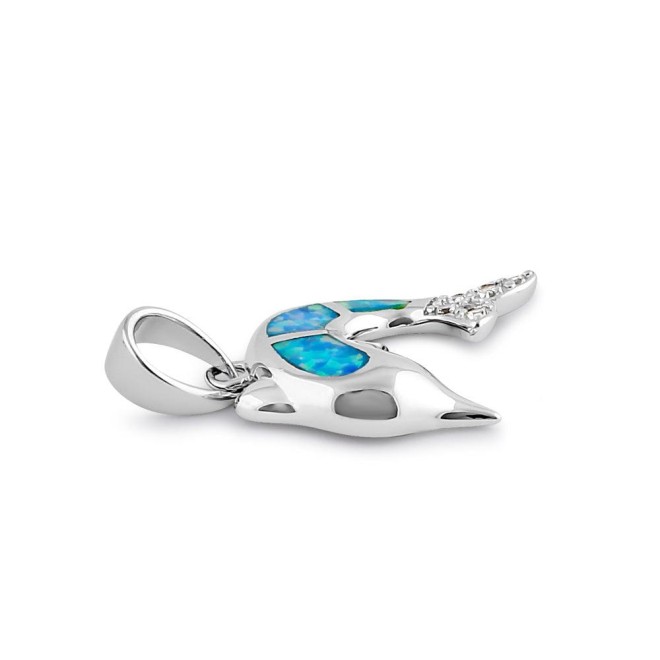 Sterling Silver Blue Lavender Lab Opal Dolphin CZ Pendant