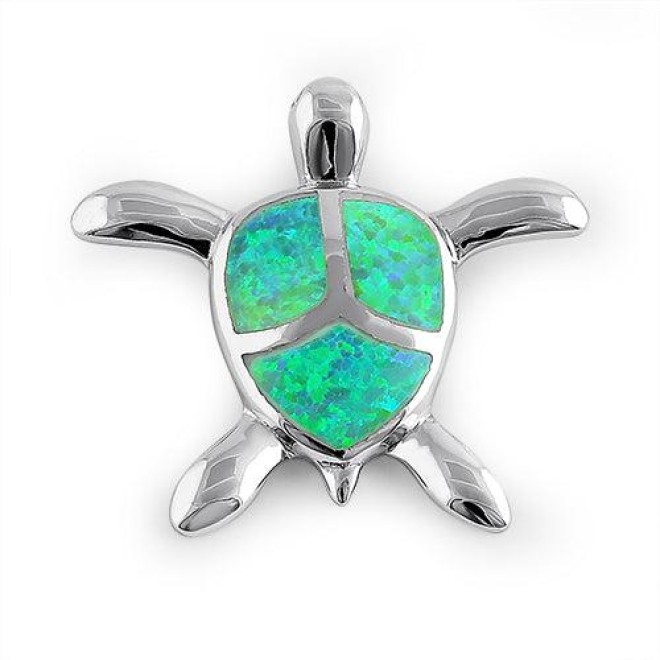 Sterling Silver Green Lab Opal Turtle Pendant