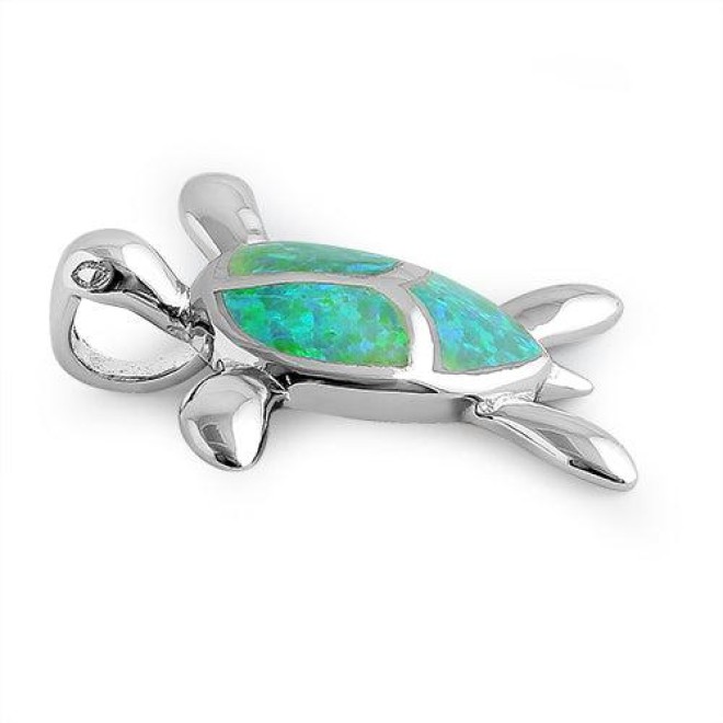 Sterling Silver Green Lab Opal Turtle Pendant