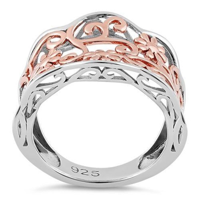 Sterling Silver Rose Gold Two Tone Flowers Ring