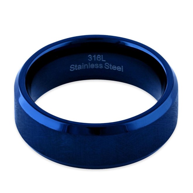 Stainless Steel Men's Blue Textured with Polish Edges Band Ring