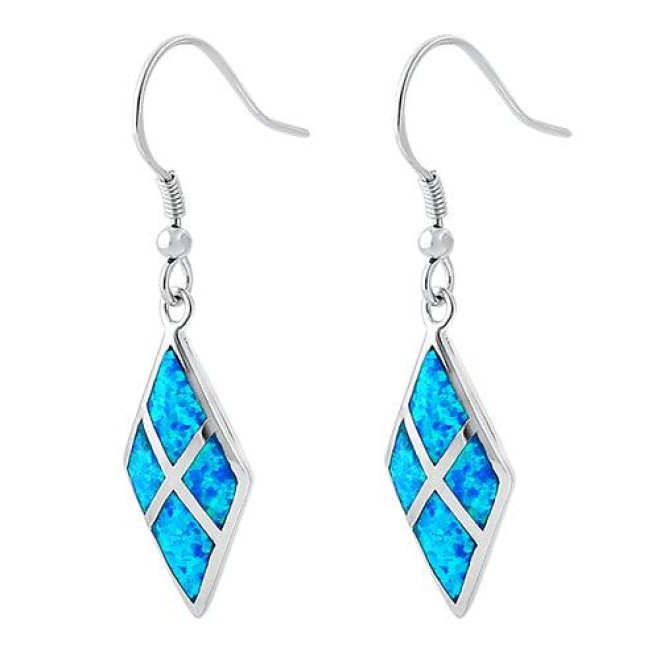 Sterling Silver Blue Lab Opal Diamond Hook Earrings