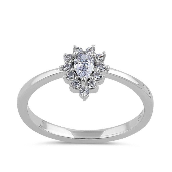 Sterling Silver Clear CZ Dainty Pear Halo Ring