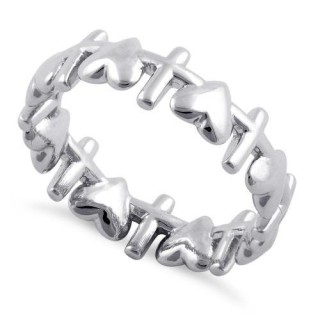 Sterling Silver Heart and Cross Pattern Eternity Ring