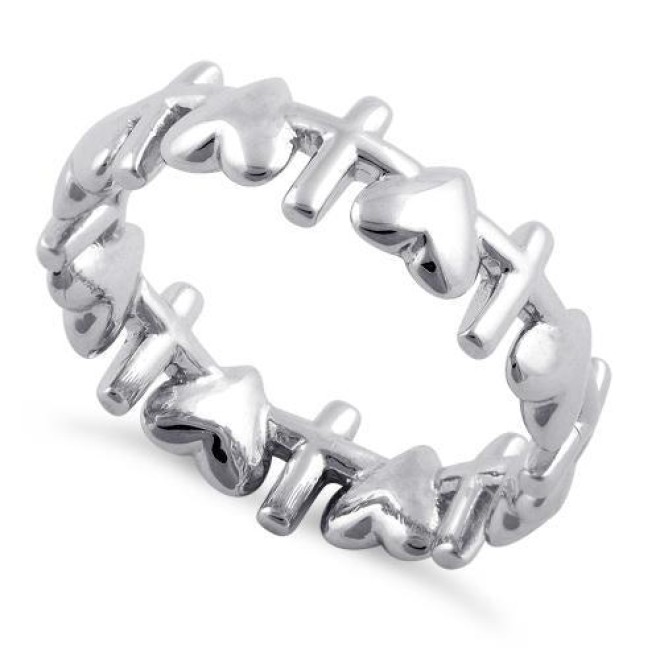 Sterling Silver Heart and Cross Pattern Eternity Ring
