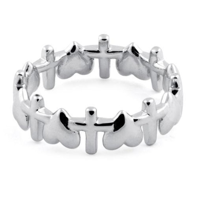 Sterling Silver Heart and Cross Pattern Eternity Ring
