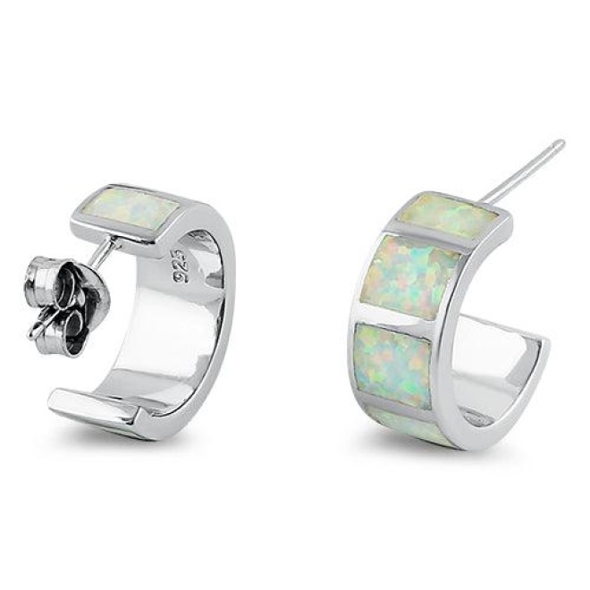 Sterling Silver White Lab Opal Hoop Earrings