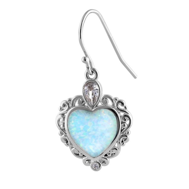 Sterling Silver White Lab Opal Victorian Heart with Clear Pear CZ Earrings
