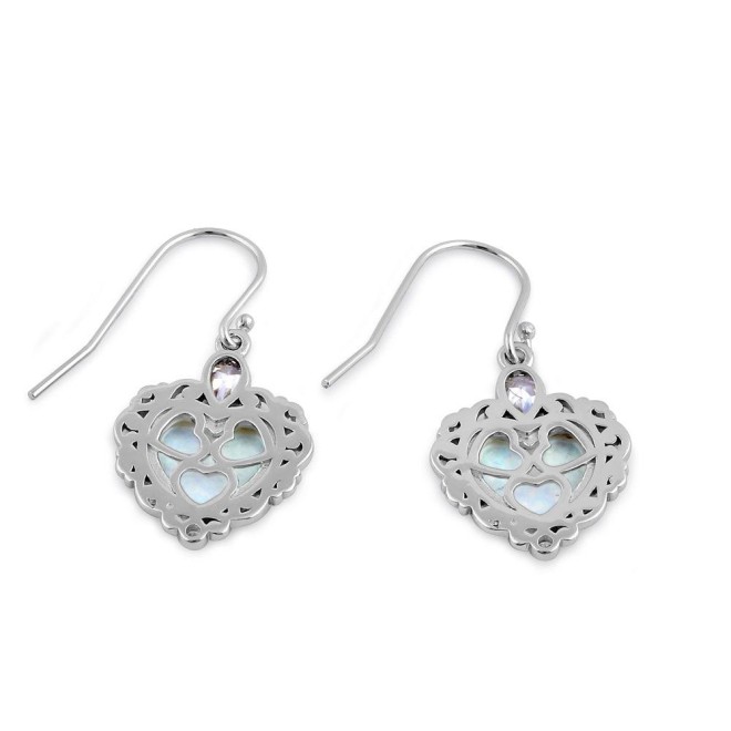 Sterling Silver White Lab Opal Victorian Heart with Clear Pear CZ Earrings