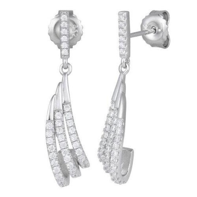 Sterling Silver Wave CZ Dangle Earrings