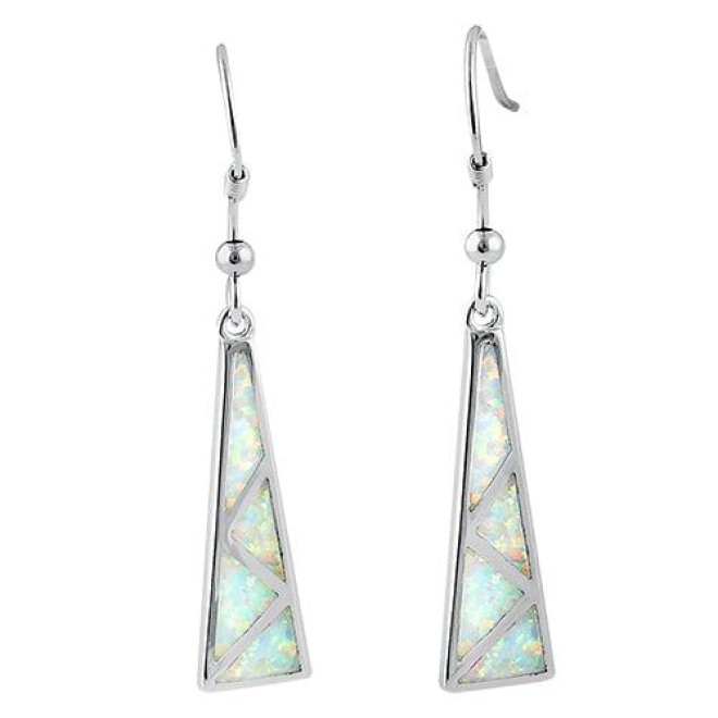 Sterling Silver White Lab Opal Pattern Hook Earrings