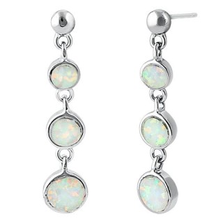 Sterling Silver White Lab Opal Round Dangle Earrings