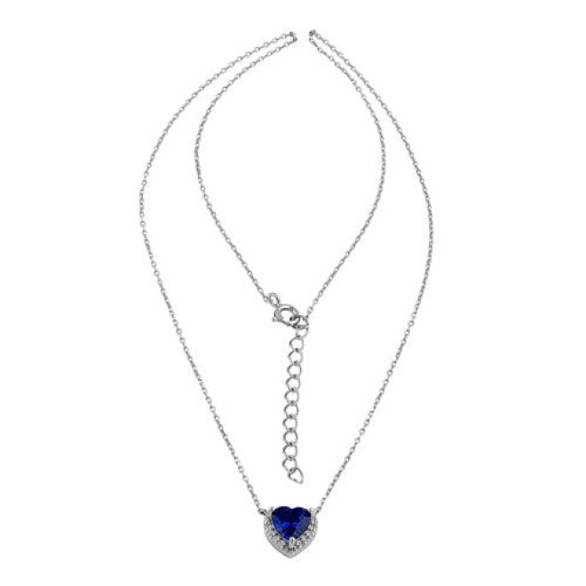 Sterling Silver Blue and Clear CZ Heart Halo Necklace