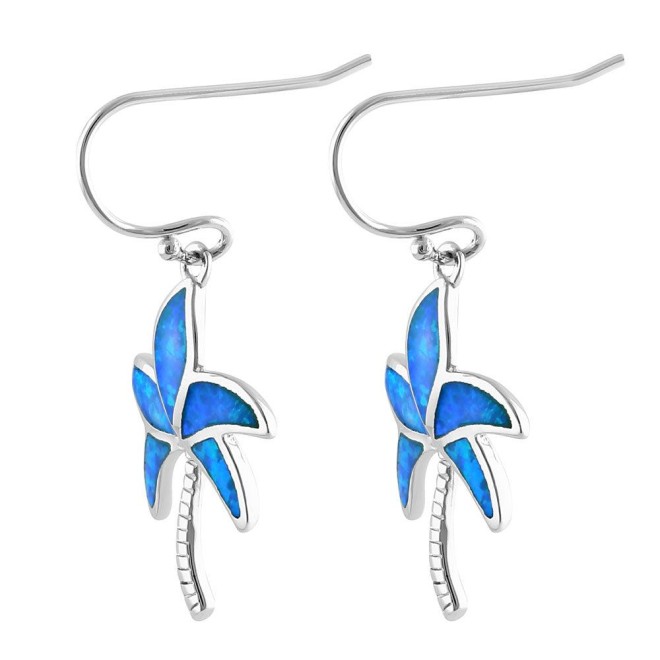 Sterling Silver Blue Opal Palm Tree Hook Earrings