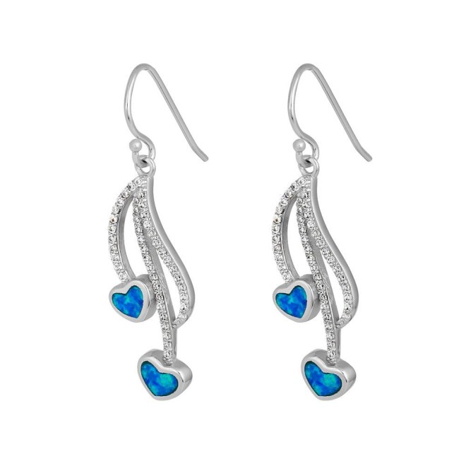 Sterling Silver CZ Dazzling Blue Lab Opal Heart Earrings