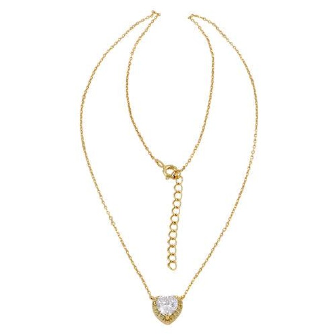 Sterling Silver Clear and Yellow CZ Heart Halo Gold Plated Necklace
