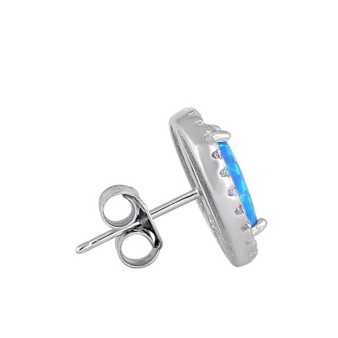 Sterling Silver Blue Lab Opal & Clear CZ Oval Stud Earrings