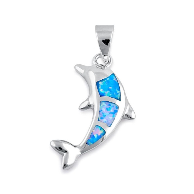 Sterling Silver Blue Lavender Lab Opal Bottlenose Dolphin Pendant