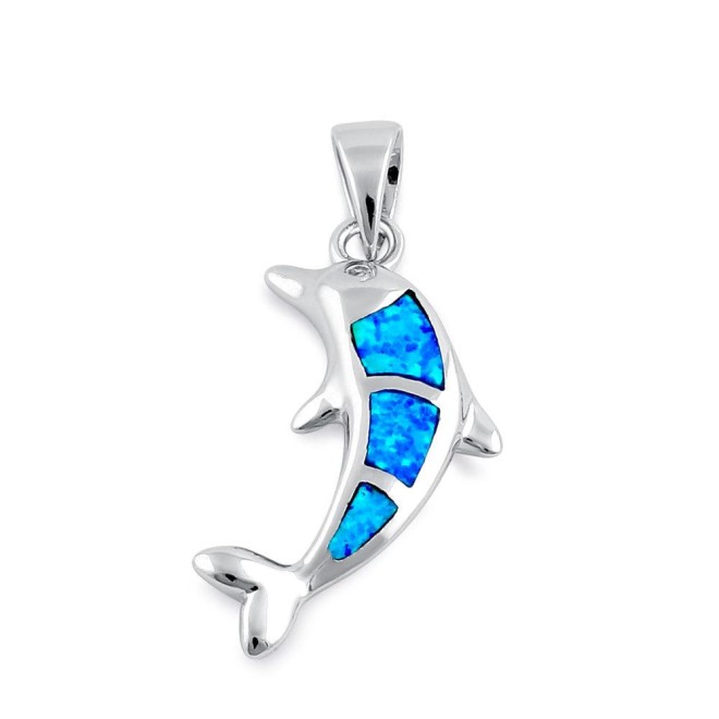 Sterling Silver Blue Lab Opal Bottlenose Dolphin Pendant