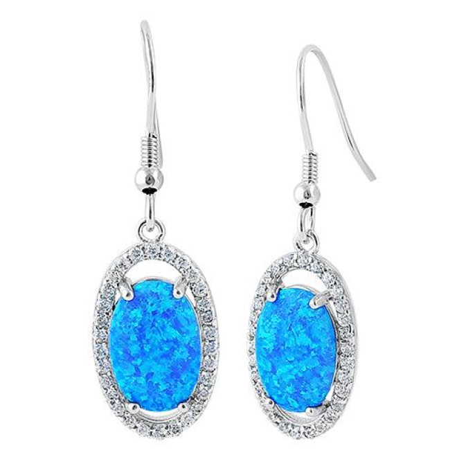 Sterling Silver Blue Lab Opal & Clear CZ Oval Hook Earrings