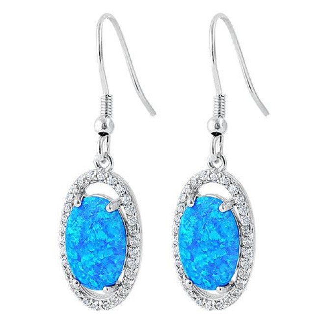 Sterling Silver Blue Lab Opal & Clear CZ Oval Hook Earrings