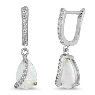 Sterling Silver White Lab Opal Elegant CZ Curve Earrings