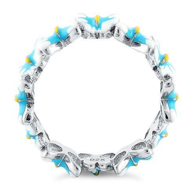 Sterling Silver Hand-Painted Paradise Blue & White Butterfly Enamel Ring