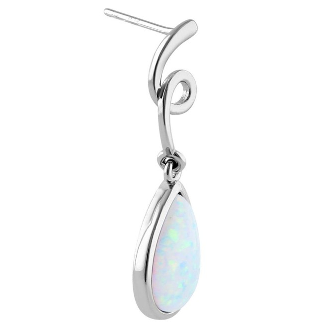 Sterling Silver White Lab Opal Twirl Dangling Pear Earrings