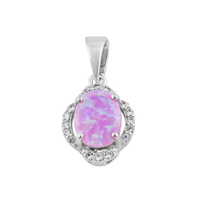 Sterling Silver Elegant Pink Lab Opal Oval Halo Pendant