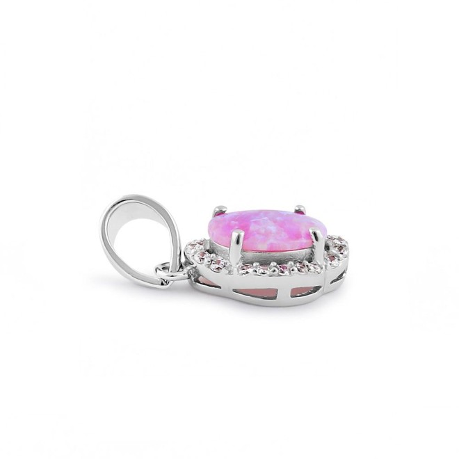 Sterling Silver Elegant Pink Lab Opal Oval Halo Pendant