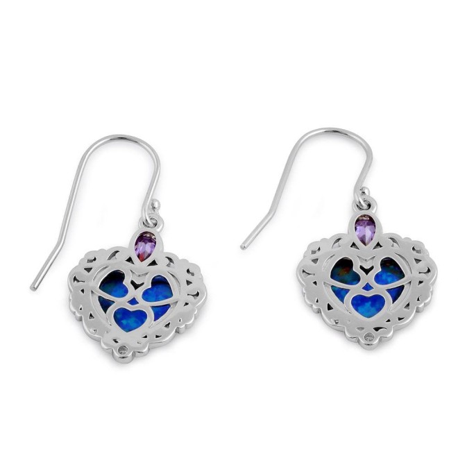 Sterling Silver Blue Lab Opal Victorian Heart with Amethyst Pear CZ Earrings