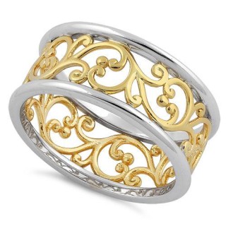 Sterling Silver Two Tone Yellow Gold Plated Vines Band Ring