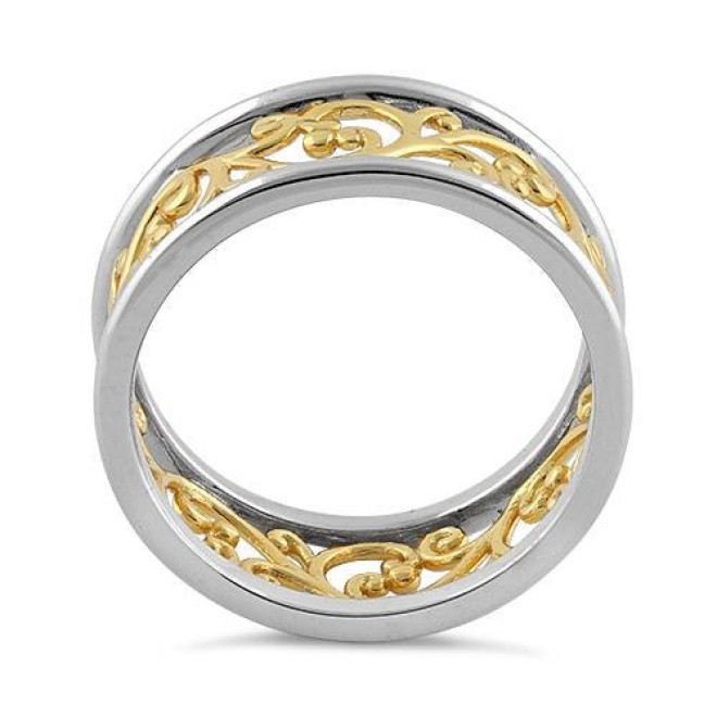 Sterling Silver Two Tone Yellow Gold Plated Vines Band Ring