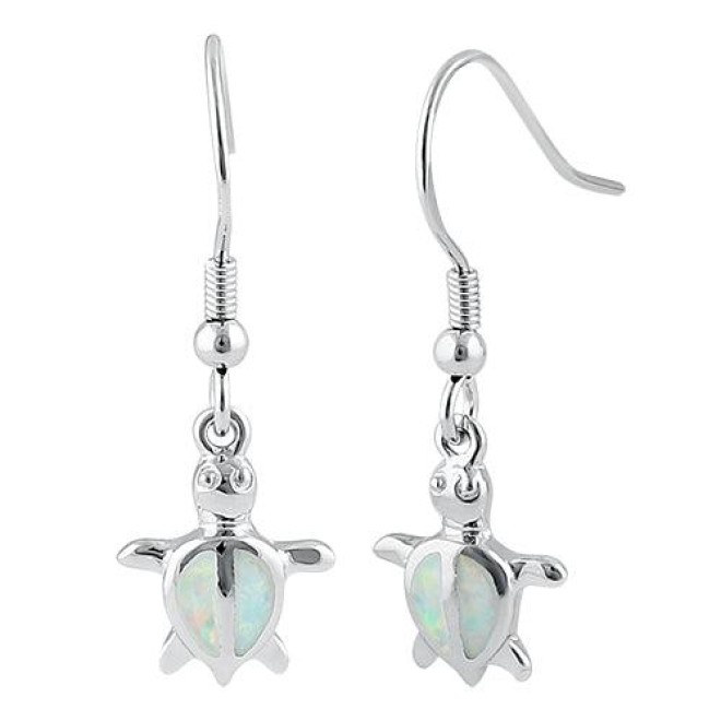 Sterling Silver White Lab Opal Sea Turtle Hook Earrings