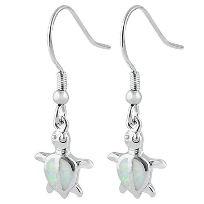 Sterling Silver White Lab Opal Sea Turtle Hook Earrings