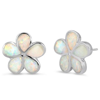 Sterling Silver Flower White Lab Opal Stud Earrings