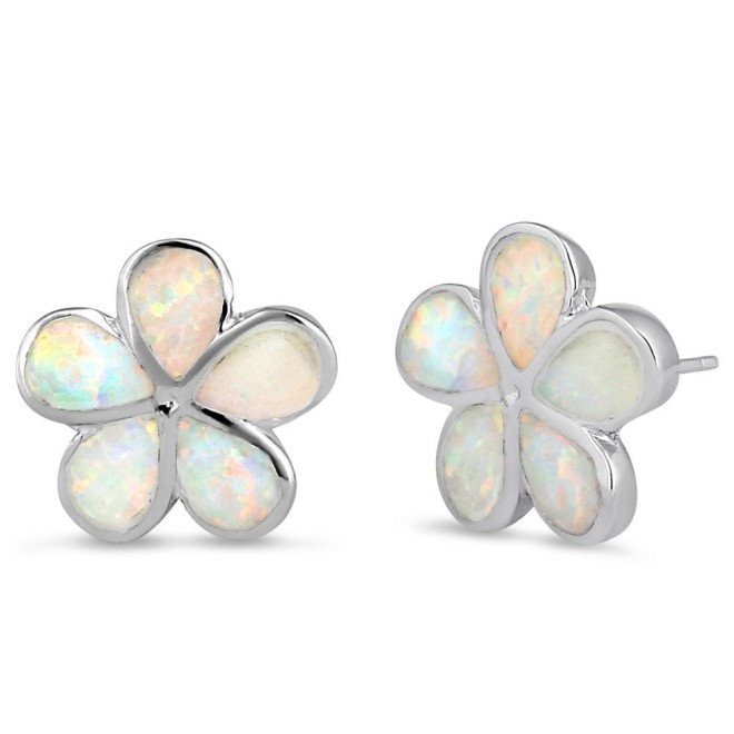 Sterling Silver Flower White Lab Opal Stud Earrings