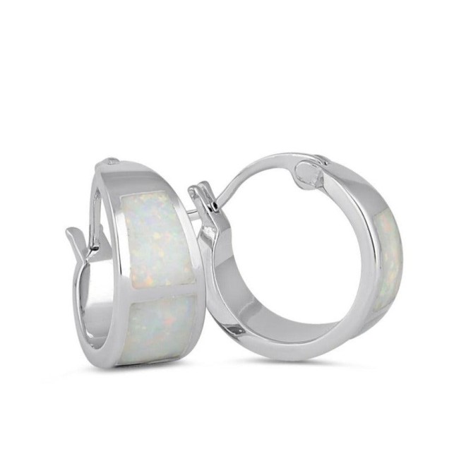 Sterling Silver Wide White Lab Opal Loop Earrings