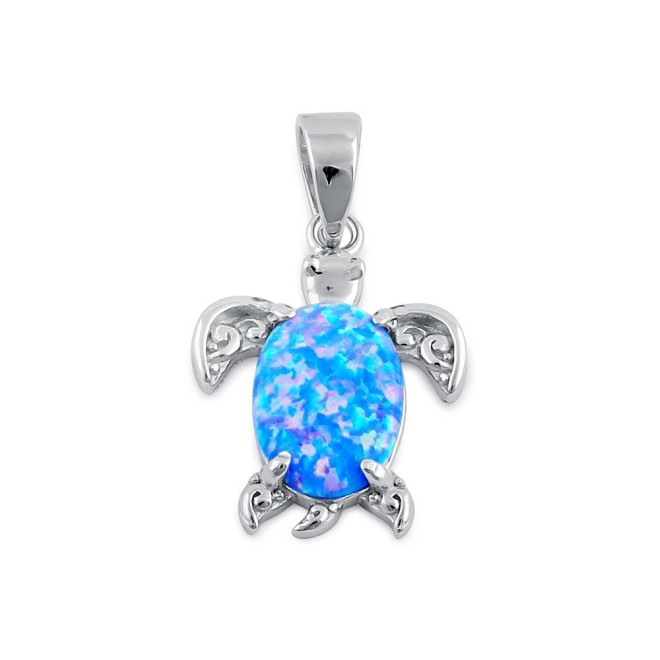 Sterling Silver Blue Lavender Lab Opal Filigree Sea Turtle Pendant