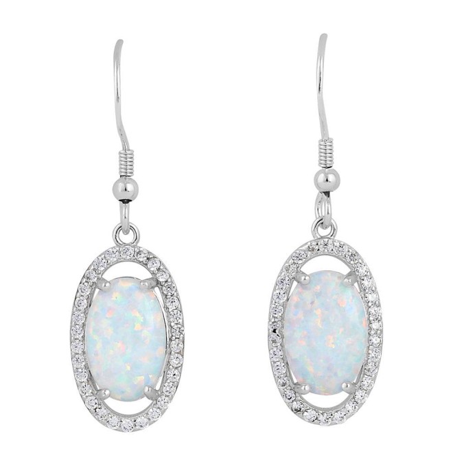 Sterling Silver White Lab Opal & Clear CZ Oval Hook Earrings